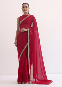 Red Georgette Saree In Salli Cutdana Embroidery With Unstitched Blouse