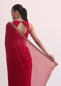 Red Georgette Saree In Salli Cutdana Embroidery With Unstitched Blouse