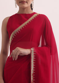 Red Georgette Saree In Salli Cutdana Embroidery With Unstitched Blouse