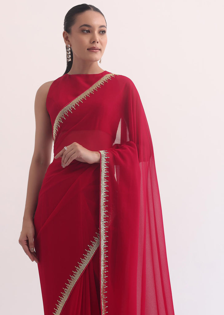 Red Georgette Saree In Salli Cutdana Embroidery With Unstitched Blouse