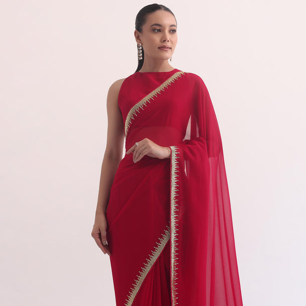 Red Georgette Saree In Salli Cutdana Embroidery With Unstitched Blouse