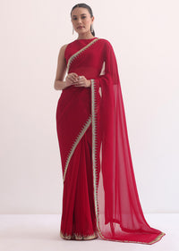 Red Georgette Saree In Salli Cutdana Embroidery With Unstitched Blouse