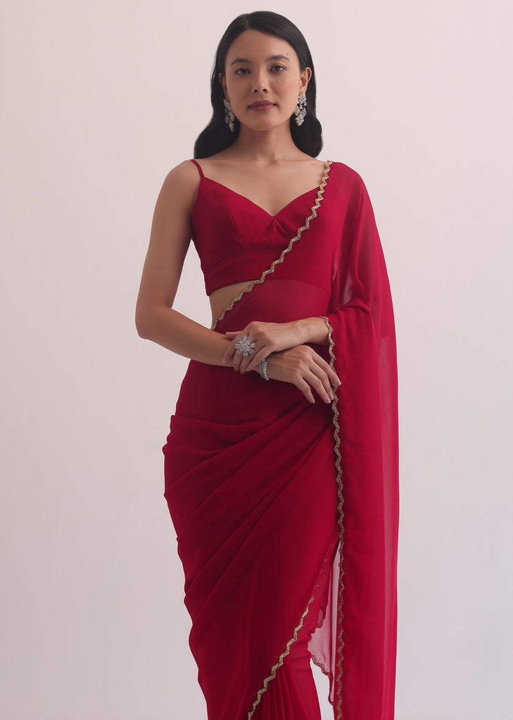 Red Georgette Saree With Cutdana Embroidery