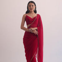 Red Georgette Saree With Cutdana Embroidery