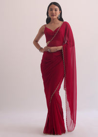 Red Georgette Saree With Cutdana Embroidery