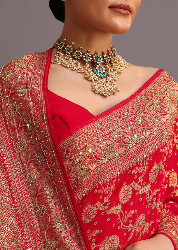 Red Georgette Woven Saree With Bandhani Jaal Work