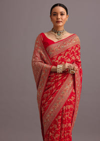Red Georgette Woven Saree With Bandhani Jaal Work