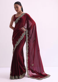 Red Glass Tissue Saree With Sequin Scallop Border And Unstitched Blouse Fabric