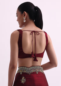 Red Glass Tissue Saree With Sequin Scallop Border And Unstitched Blouse Fabric