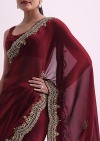 Red Glass Tissue Saree With Sequin Scallop Border And Unstitched Blouse Fabric