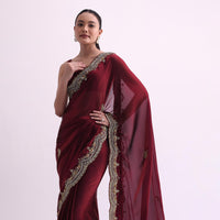 Red Glass Tissue Saree With Sequin Scallop Border And Unstitched Blouse Fabric