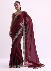 Red Glass Tissue Saree With Sequin Scallop Border And Unstitched Blouse Fabric