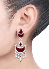Red Glass Work Earrings Hand Crafted In Crescent And Drop Motifs With Dangling Tassel Made In Sterling Silver By Sangeeta Boochra