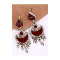 Red Glass Work Earrings Hand Crafted In Crescent And Drop Motifs With Dangling Tassel Made In Sterling Silver By Sangeeta Boochra