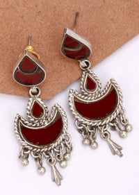 Red Glass Work Earrings Hand Crafted In Crescent And Drop Motifs With Dangling Tassel Made In Sterling Silver By Sangeeta Boochra