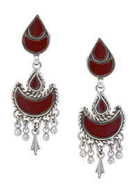 Red Glass Work Earrings Hand Crafted In Crescent And Drop Motifs With Dangling Tassel Made In Sterling Silver By Sangeeta Boochra