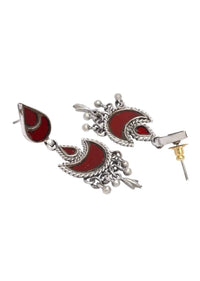 Red Glass Work Earrings Hand Crafted In Crescent And Drop Motifs With Dangling Tassel Made In Sterling Silver By Sangeeta Boochra