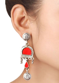 Red Glass Work Earrings In Ethnic Design With Dangling Tassel Made In Sterling Silver By Sangeeta Boochra