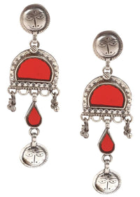 Red Glass Work Earrings In Ethnic Design With Dangling Tassel Made In Sterling Silver By Sangeeta Boochra