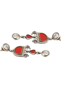 Red Glass Work Earrings In Ethnic Design With Dangling Tassel Made In Sterling Silver By Sangeeta Boochra