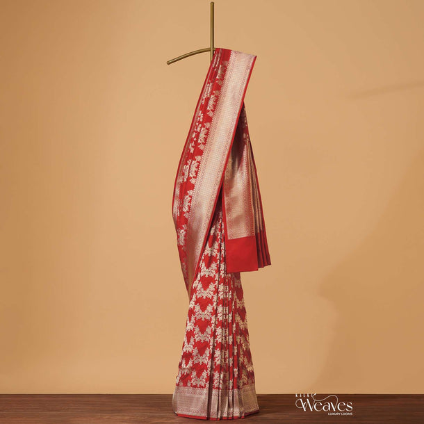 Red Handloom Banarasi In Katan Silk With Golden Weave And Unstitched Blouse