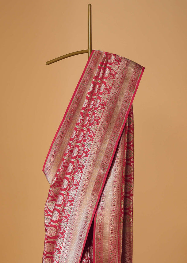 Red Handloom Banarasi Saree In Katan Silk With Meenakari Weave