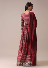 Red Indie Print Anarkali Suit Set In Art Silk