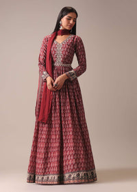 Red Indie Print Anarkali Suit Set In Art Silk