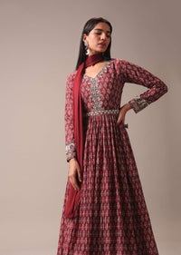 Red Indie Print Anarkali Suit Set In Art Silk