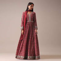 Red Indie Print Anarkali Suit Set In Art Silk