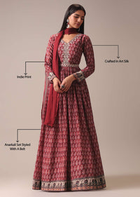 Red Indie Print Anarkali Suit Set In Art Silk