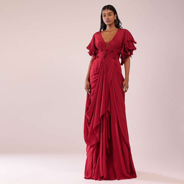 Red Saree Gown In Crepe With Frill Sleeves And Delicate Hand Embroidery
