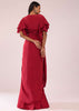 Red Saree Gown In Crepe With Frill Sleeves And Delicate Hand Embroidery