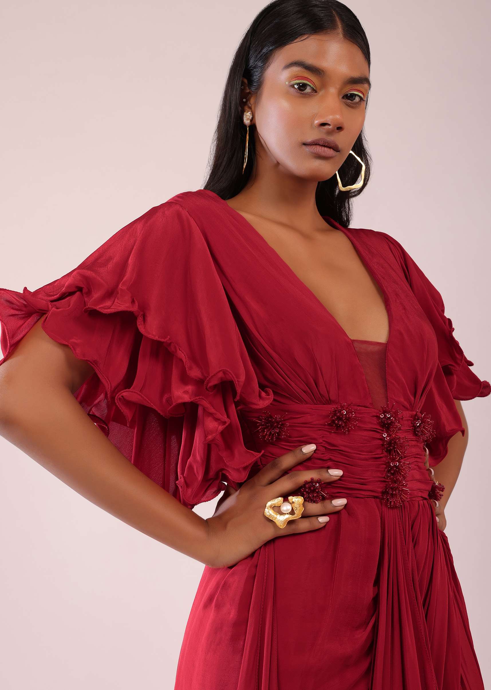 Red Saree Gown In Crepe With Frill Sleeves And Delicate Hand Embroidery