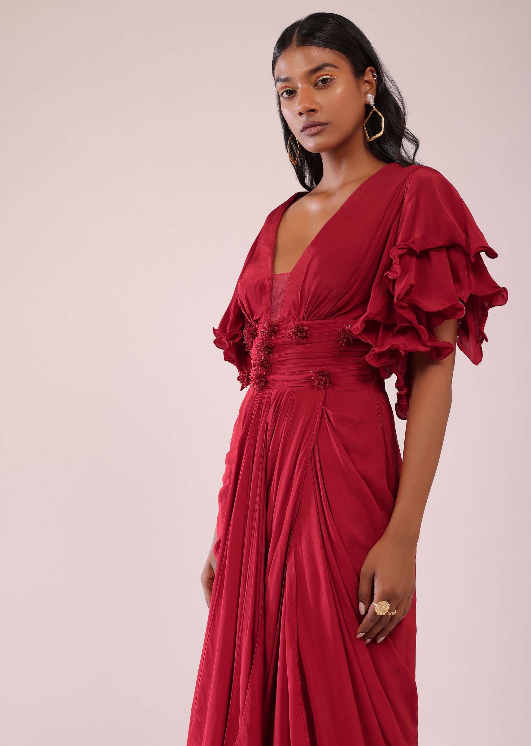 Red Saree Gown In Crepe With Frill Sleeves And Delicate Hand Embroidery