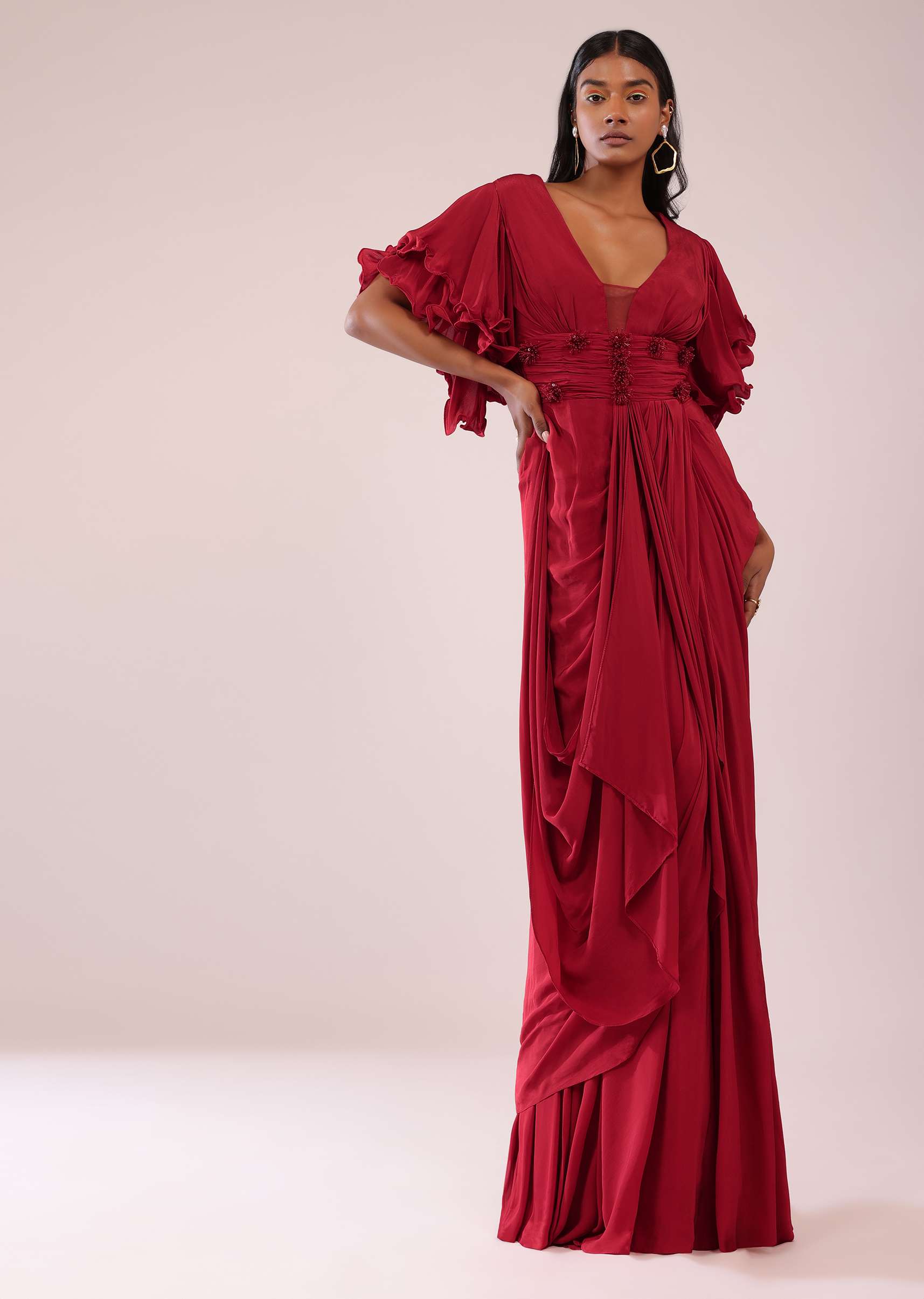 Red Saree Gown In Crepe With Frill Sleeves And Delicate Hand Embroidery