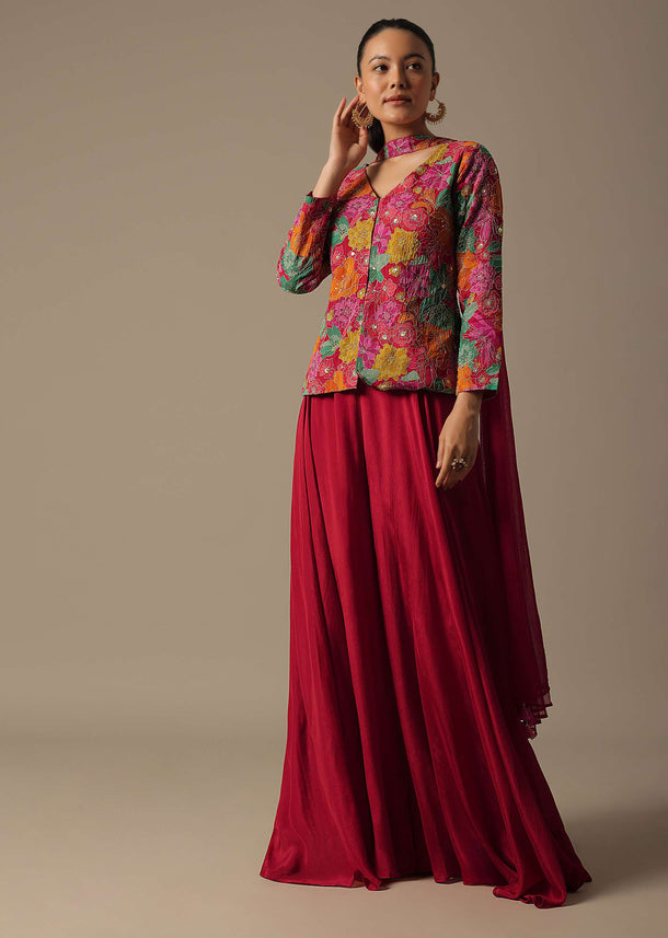 Red Indo Fusion Palazzo Set With Printed Detail