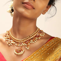 Red Jadau Necklace With Paachi Kundan Work And Semi Precious Stone