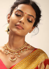 Red Jadau Necklace With Paachi Kundan Work And Semi Precious Stone