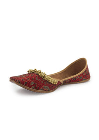 Red Juttis In Silk With Tiny Ghungroos And Floral Design By 5 Elements