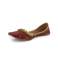 Red Juttis In Silk With Tiny Ghungroos And Floral Design By 5 Elements