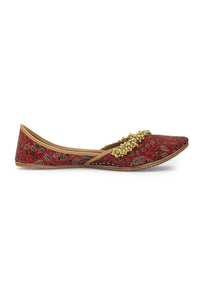 Red Juttis In Silk With Tiny Ghungroos And Floral Design By 5 Elements