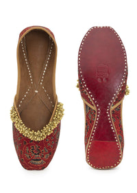 Red Juttis In Silk With Tiny Ghungroos And Floral Design By 5 Elements