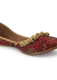 Red Juttis In Silk With Tiny Ghungroos And Floral Design By 5 Elements