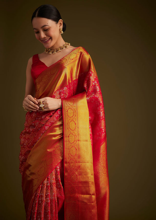 Red Kanjivaram Silk Saree With Golden Zari Detailing