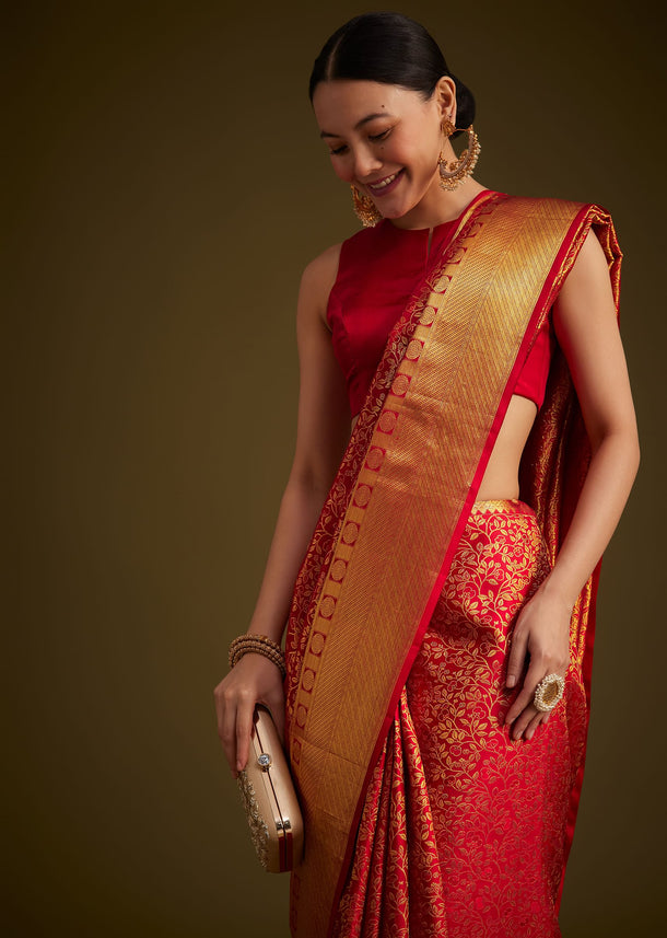 Red Kanjivaram Silk Saree With Golden Zari Woven Border
