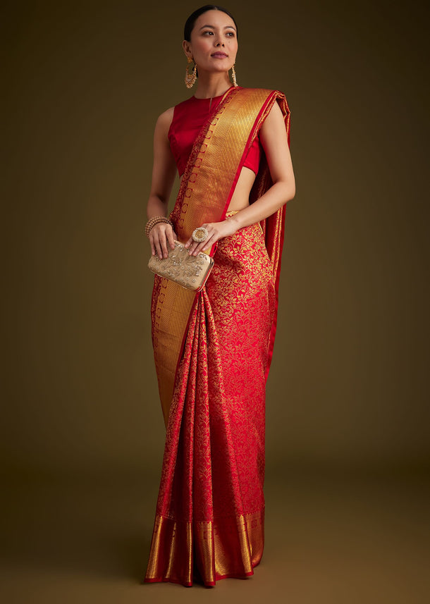 Red Kanjivaram Silk Saree With Golden Zari Woven Border