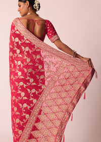 Coral Khaddi Bandhani Saree With Meenakari Detail And Unstitched Blouse Piece