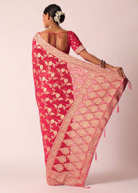 Coral Khaddi Bandhani Saree With Meenakari Detail And Unstitched Blouse Piece