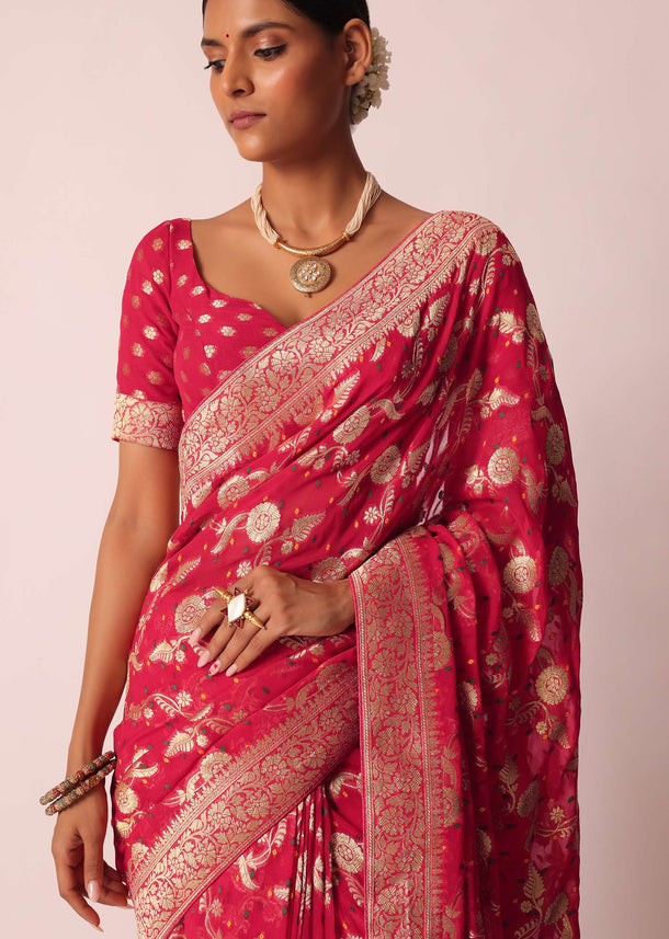 Coral Khaddi Bandhani Saree With Meenakari Detail And Unstitched Blouse Piece